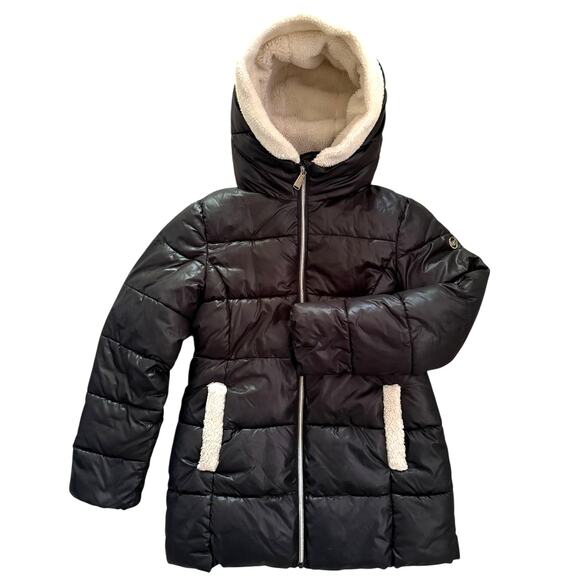 MICHAEL KORS Girls Black Hooded Shiny Puffer Sherpa Jacket 14 MSRP $150.00 - Picture 1 of 9